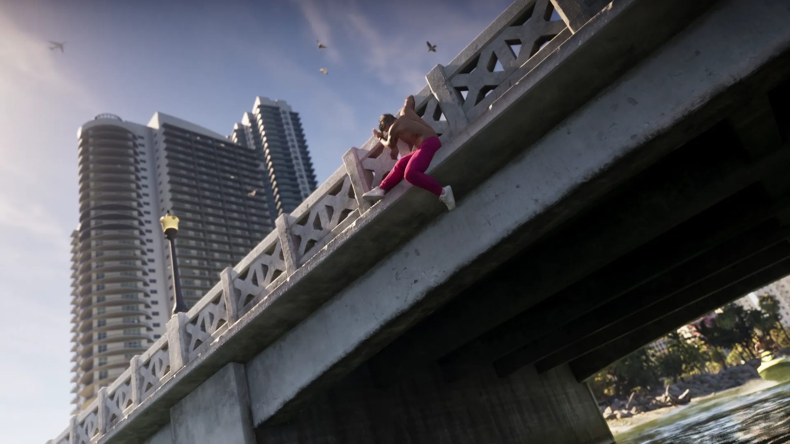 A shirtless person in pink trousers climbs over the edge of a concrete bridge, with tall apartment towers behind and a Speedophile Seashark on the water below.