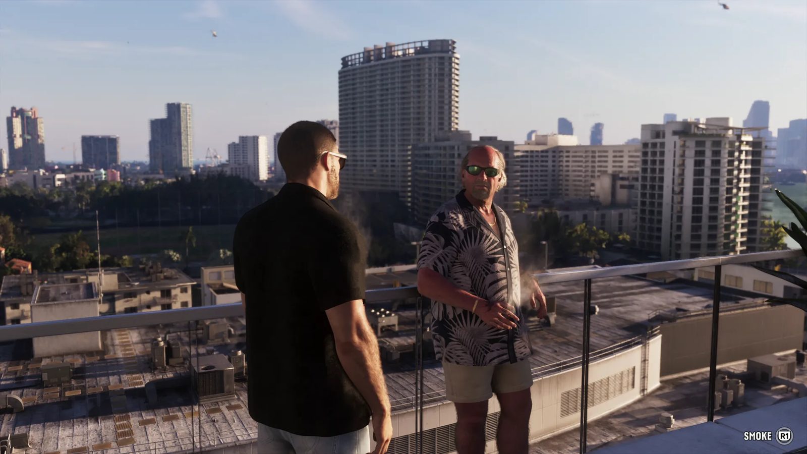 Two men in sunglasses talk on a glass-railed rooftop terrace above a sunlit city of tower blocks, with a smoke prompt in the corner.