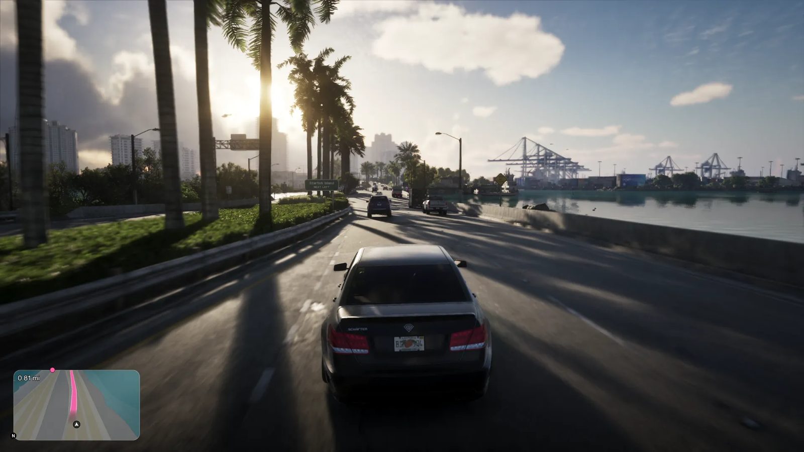 A dark grey Schafter saloon drives along a palm-lined coastal road towards cranes at VC Port, with low sun behind the trees.