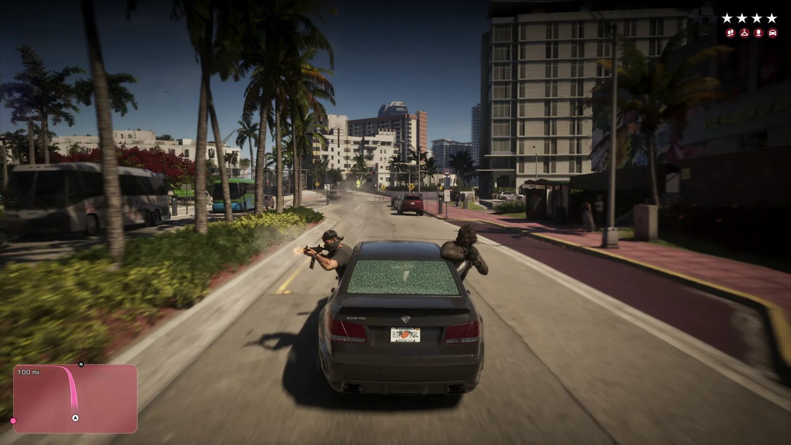 Two armed men lean out of a dark Benefactor Schafter V12 and fire guns as it speeds down a palm-lined street in Vice City.