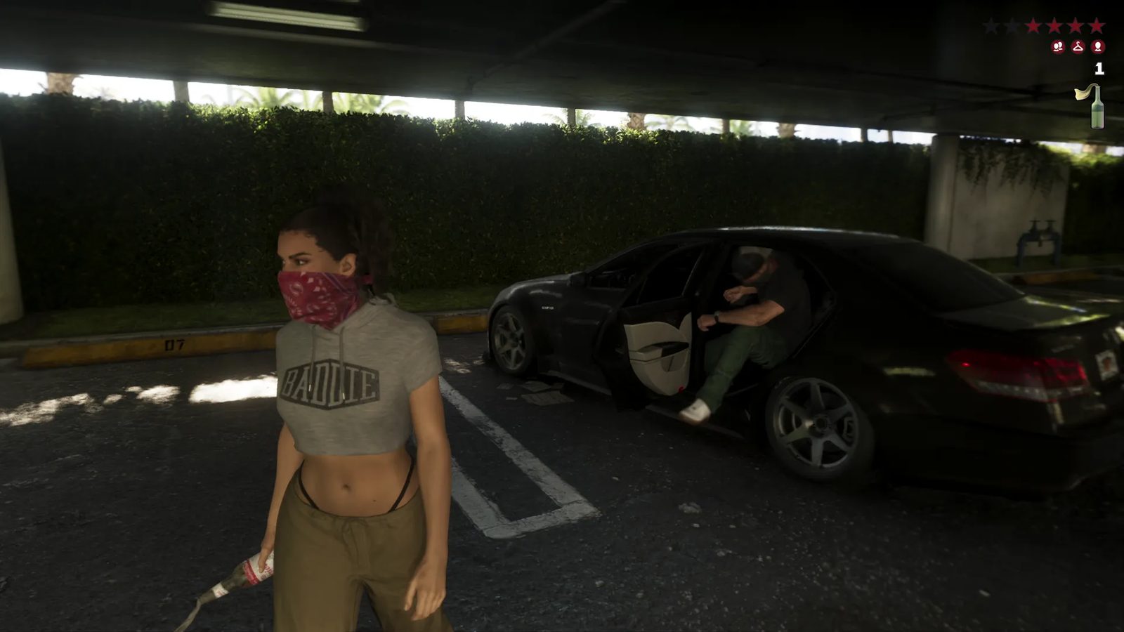 Lucia Caminos, wearing a red bandana over her face, holds a bottle in a car park as a man climbs out of a black saloon car behind her.