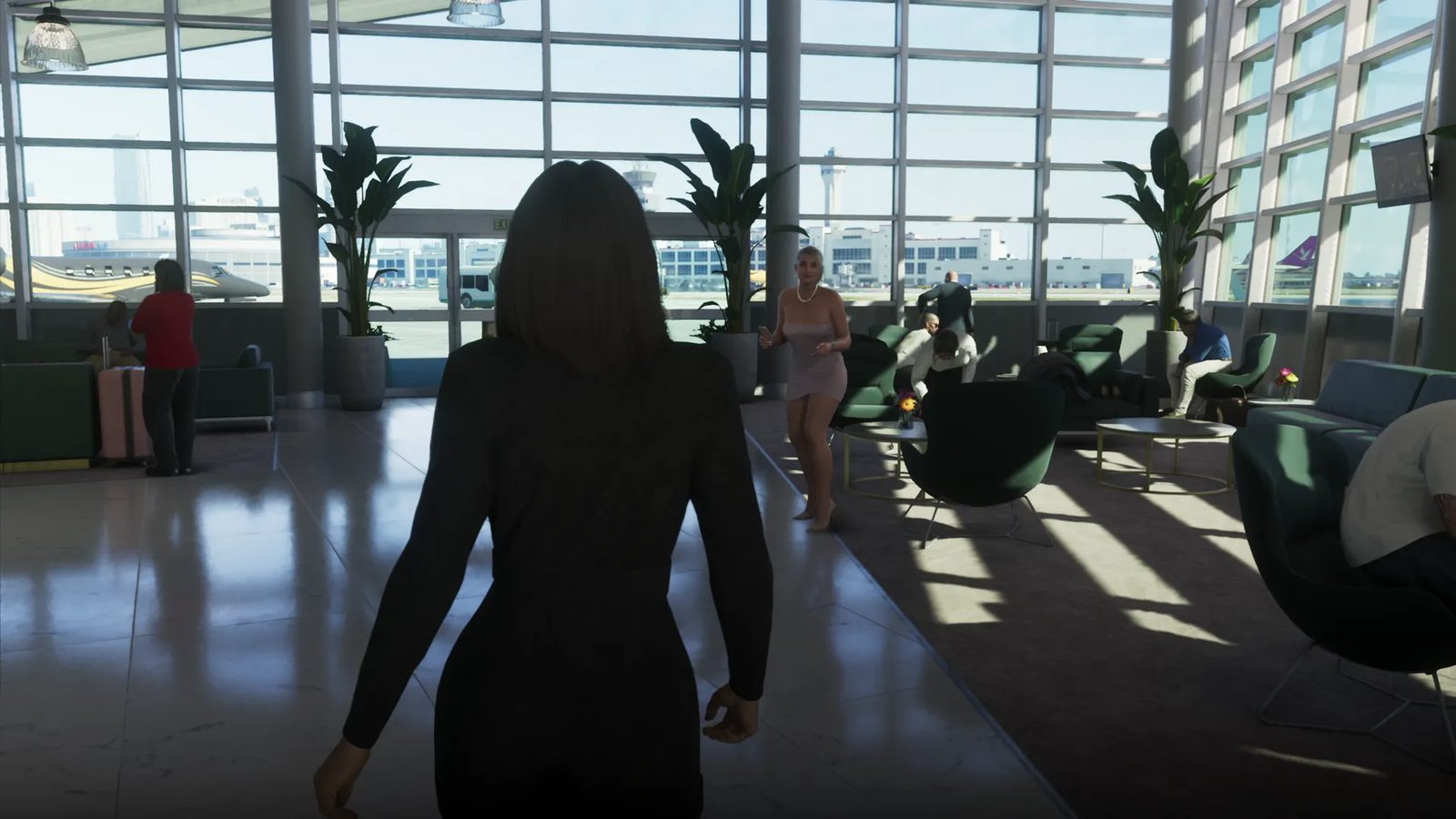 A dark-haired woman in a black dress walks through a bright airport lounge towards a woman in a pale dress, with a bus and jet beyond the windows.