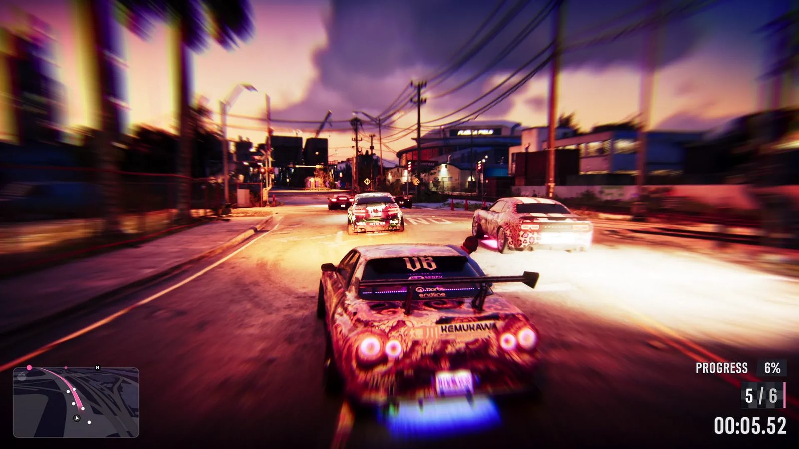 A tuned Annis Elegy '90 with a rear wing races a leopard-print Bravado Gauntlet Hellfire down a street at sunset, with race progress shown.