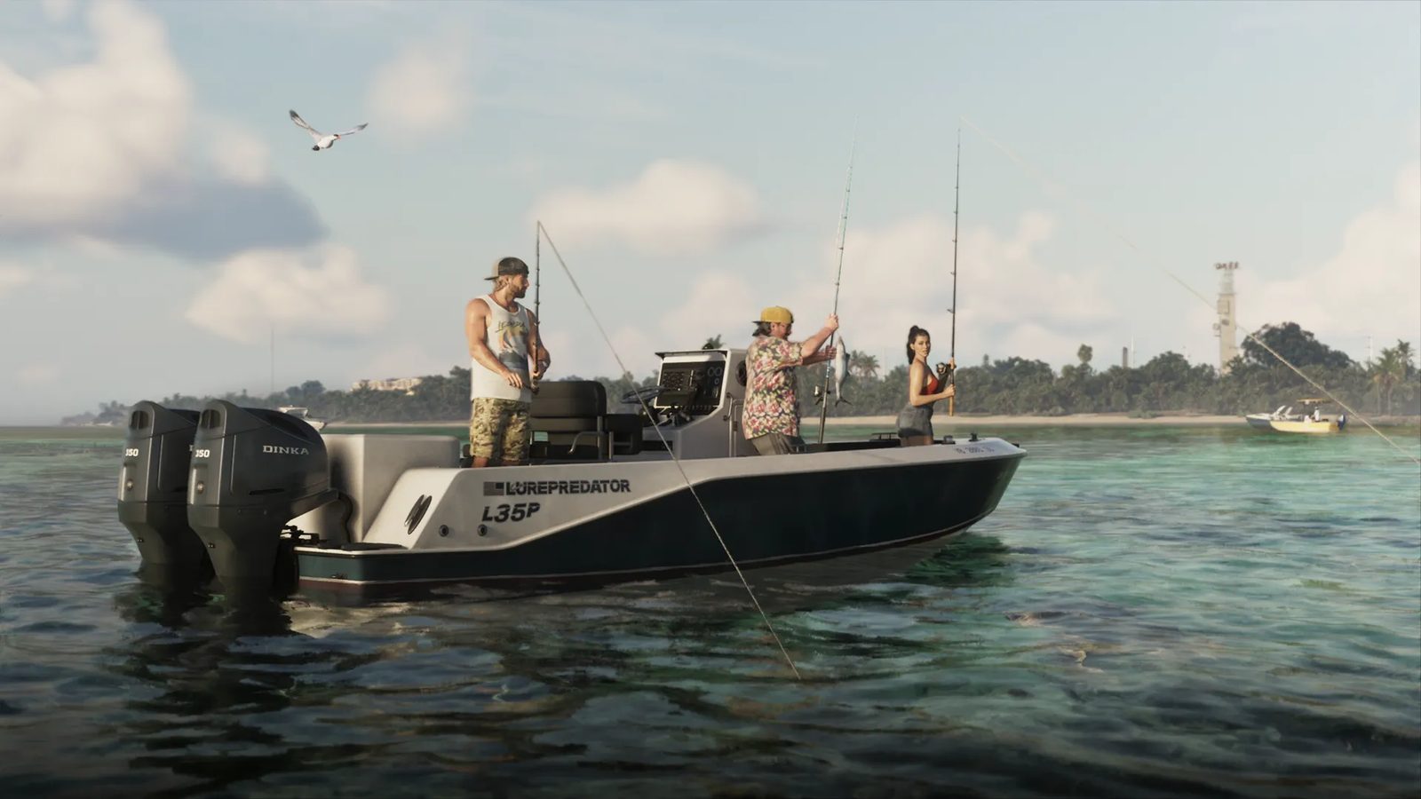 Three people fish from a silver and dark green Lure Predator L35P boat on calm, clear turquoise water, with a wooded shoreline behind.