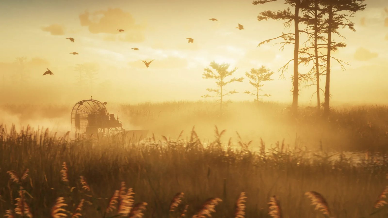 An Airgator Airboat 09 glides through misty reeds in Grassrivers as birds fly overhead in golden light.