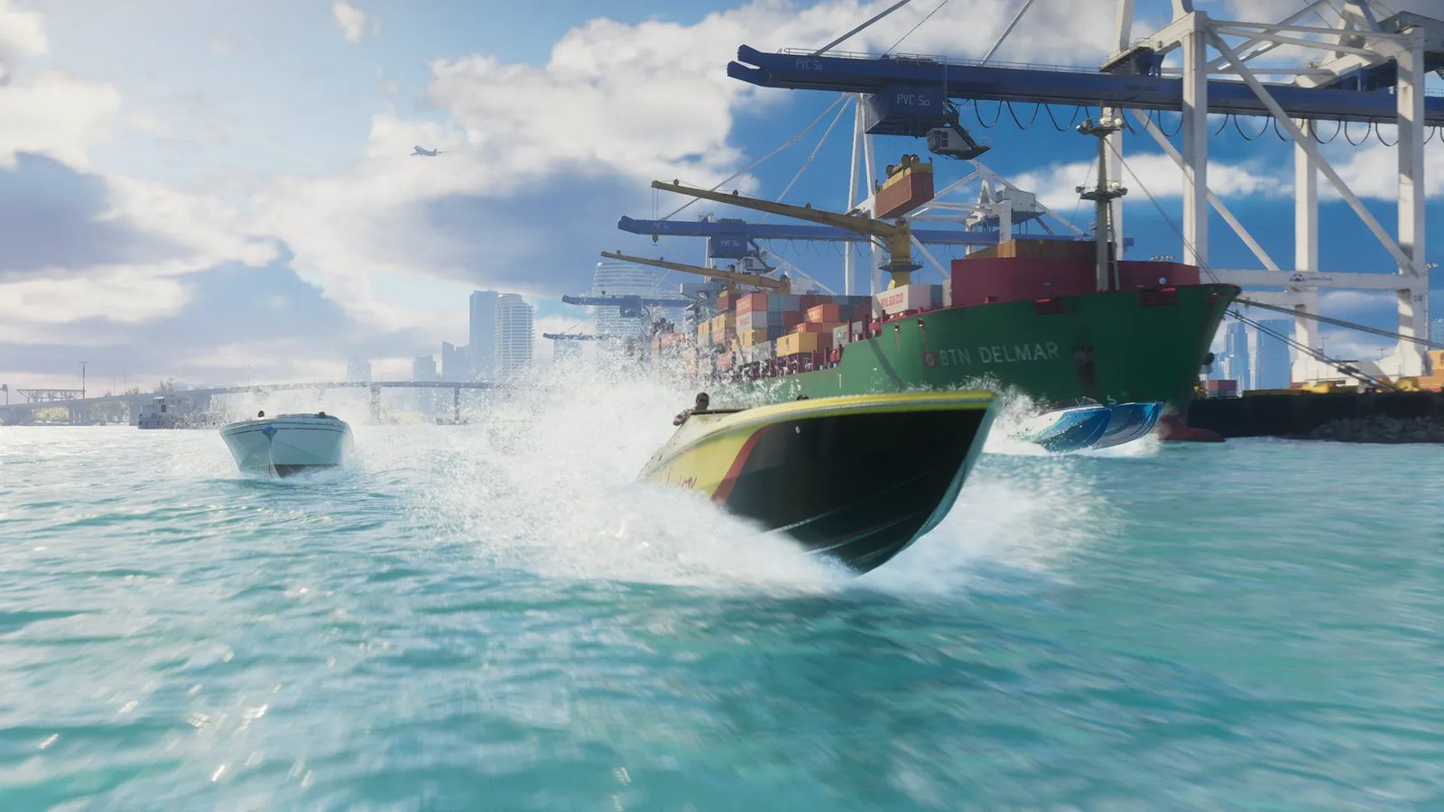 A yellow and black speedboat throws up spray beside the green cargo ship BTN Delmar at VC Port, with two other boats nearby.
