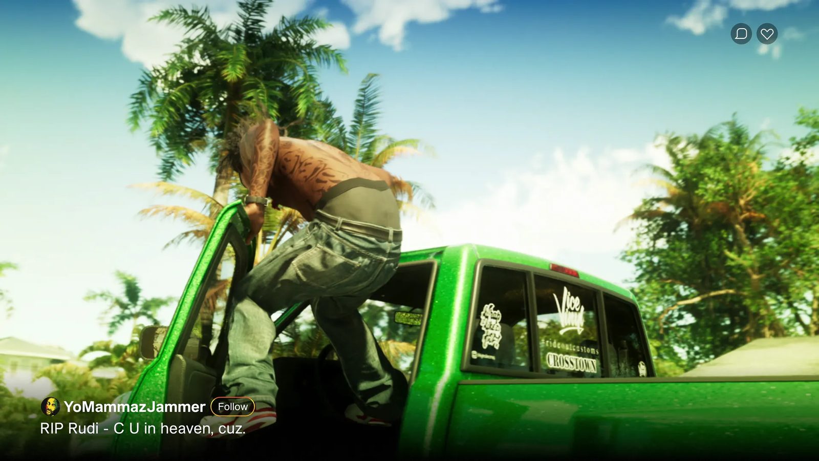 A shirtless, heavily tattooed man climbs out of a green Bravado Bison 900 '95 pickup under palm trees on a sunny day.