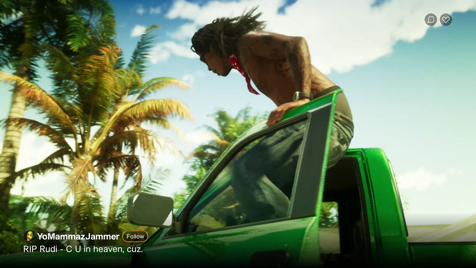A shirtless, heavily tattooed man with dreadlocks and a red bandana climbs onto the roof of a green pickup truck beneath palm trees and a blue sky.