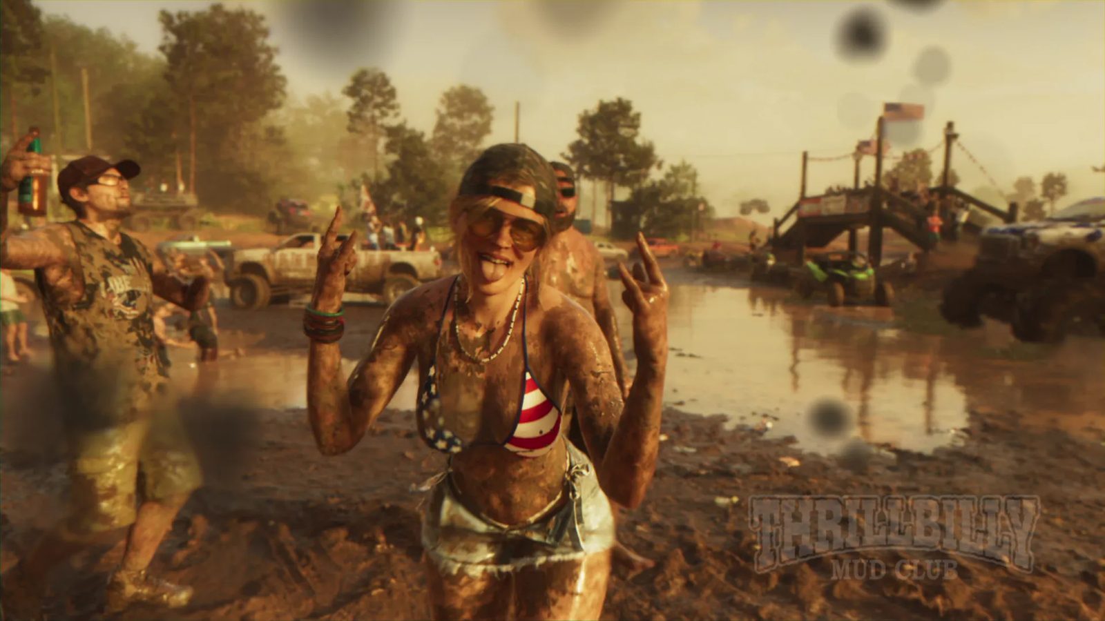 A mud-covered woman in a stars-and-stripes bikini top and cap sticks her tongue out and makes rock signs at the Thrillbilly Mud Club.