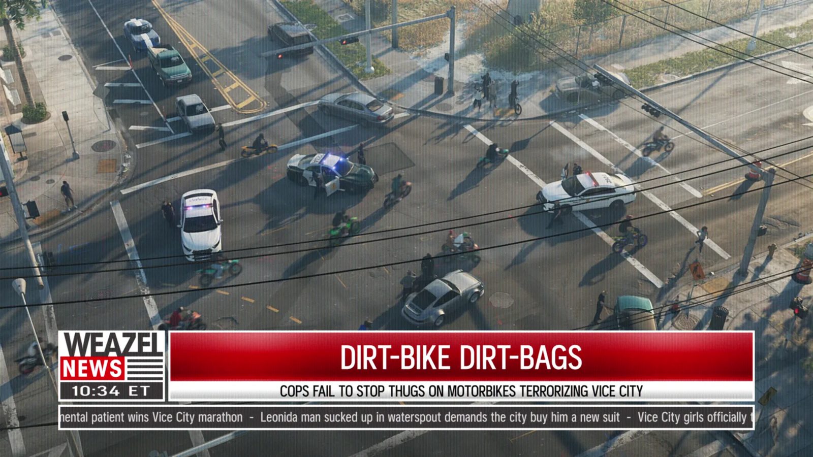 Police cars with flashing lights stop in a busy Vice City junction as riders on dirt bikes weave past, under a Weazel News headline banner.