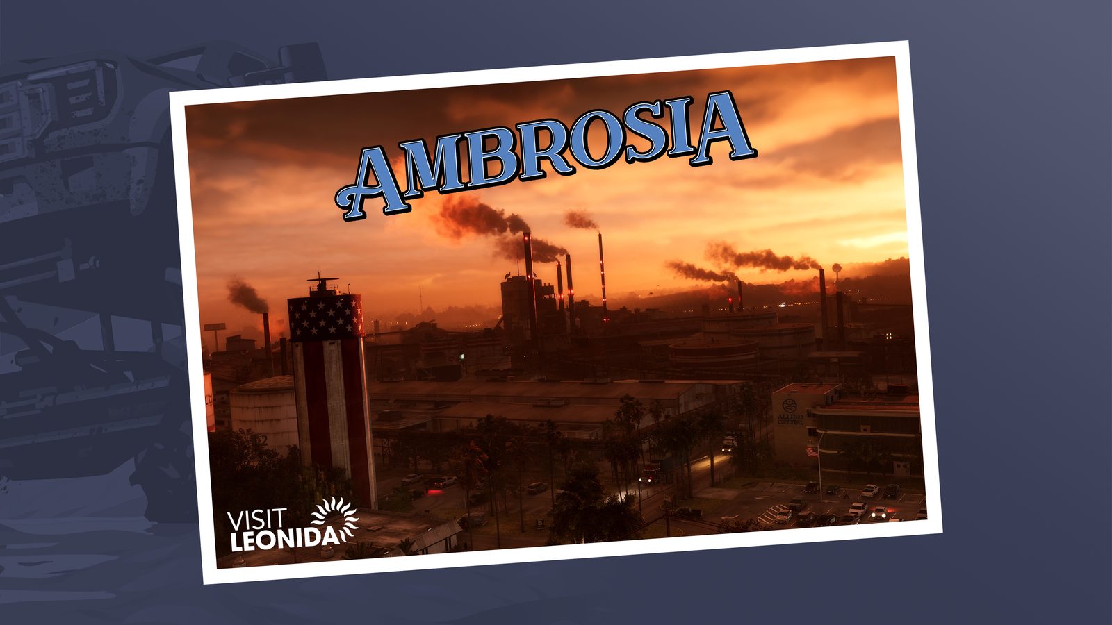 Postcard of Ambrosia at sunset, with smoking industrial chimneys and a water tower painted as an American flag under an orange sky.