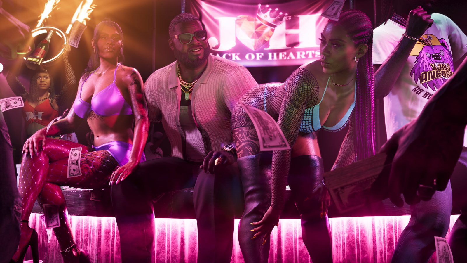 Boobie Ike sits on a stage edge between two dancers under a pink Jack of Hearts banner, with banknotes falling around them.