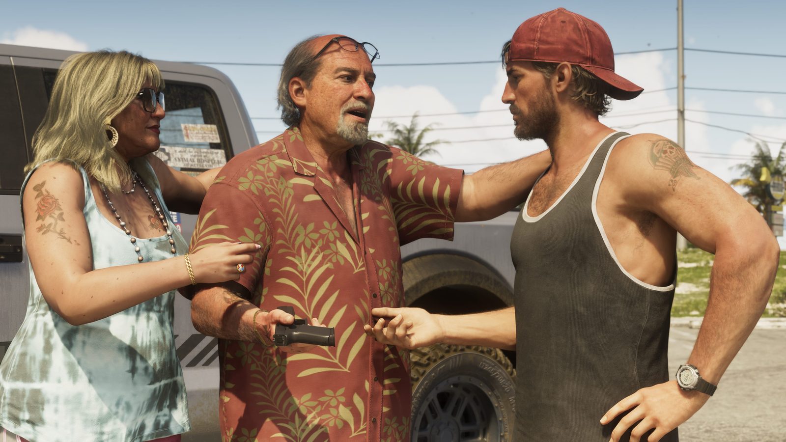 Brian Heder, in a red palm-print shirt and holding a pistol, is flanked by Lori Heder and Jason Duval beside a grey pickup on a sunny street.