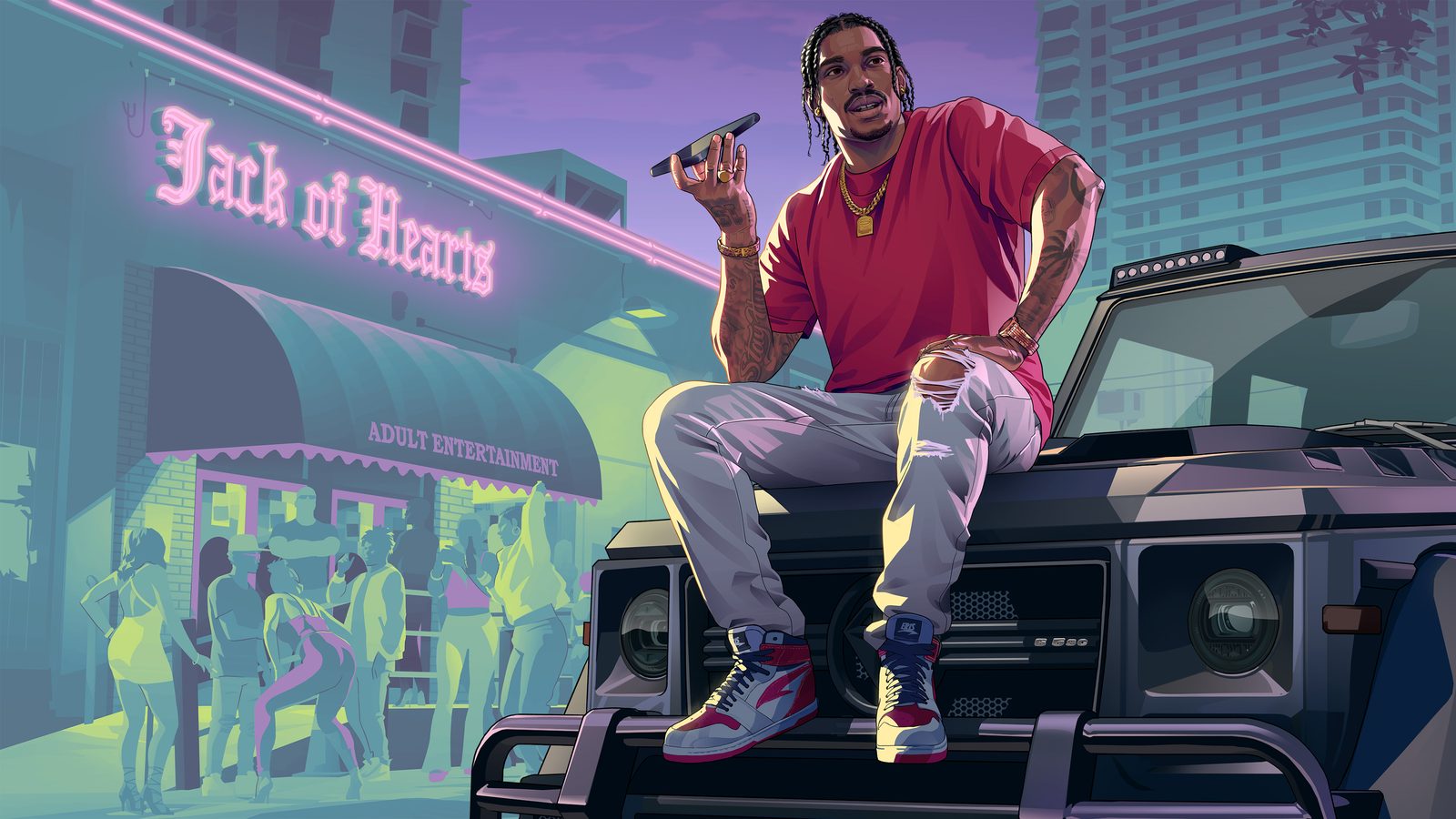 Dre'Quan Priest sits on the bonnet of a dark Benefactor Dubsta, holding a phone, outside the neon-lit Jack of Hearts at dusk.
