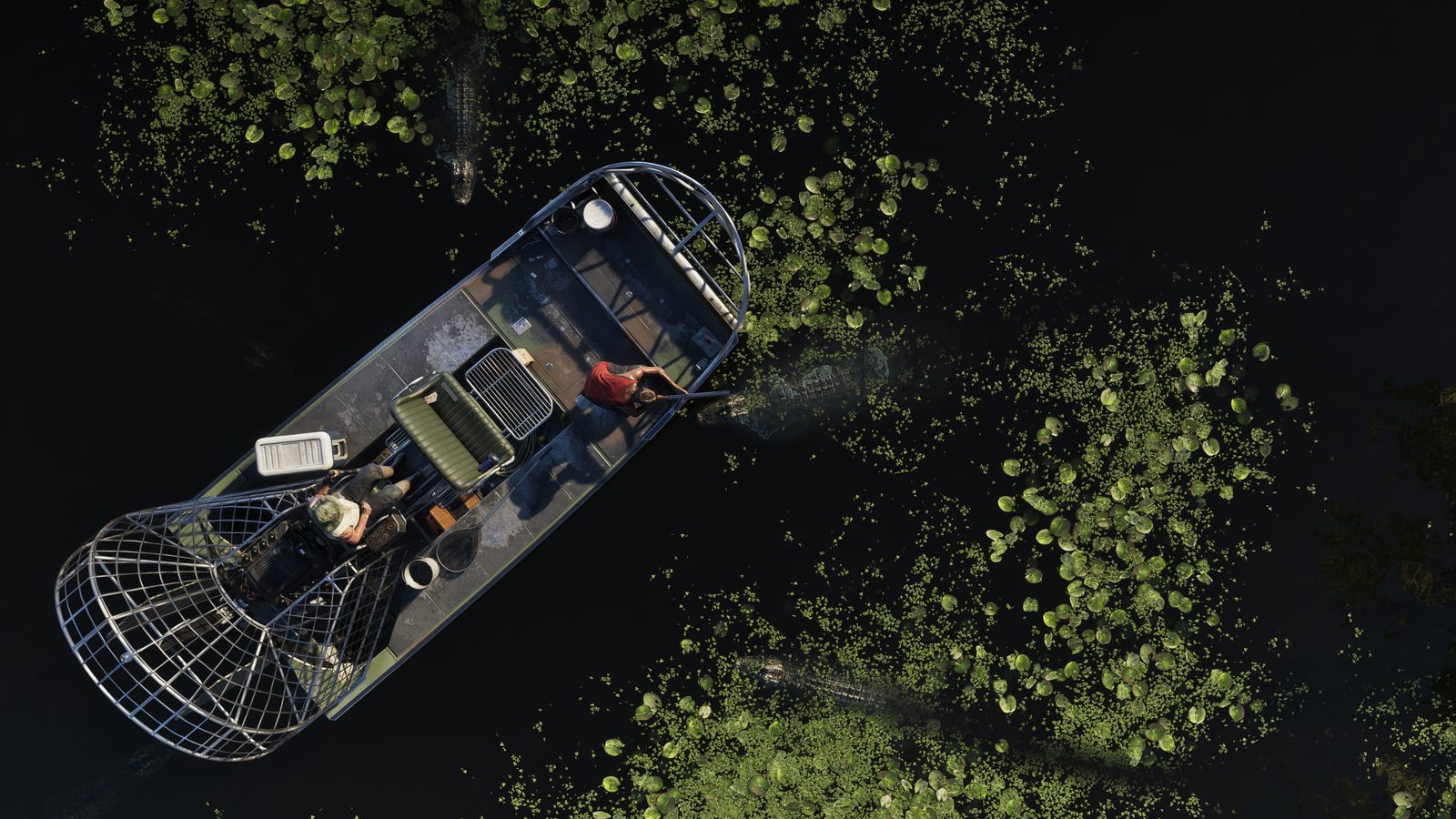Aerial view of two people on an airboat in dark swamp water with alligators nearby, in the Grassrivers.