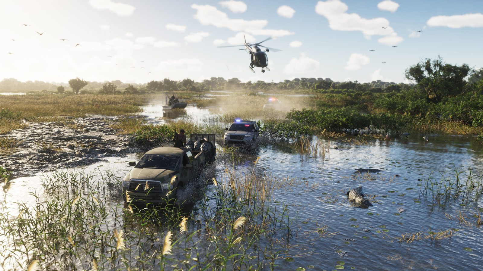 A police helicopter and a police car chase a muddy green pickup through shallow Grassrivers wetland, with an alligator in the water at right.