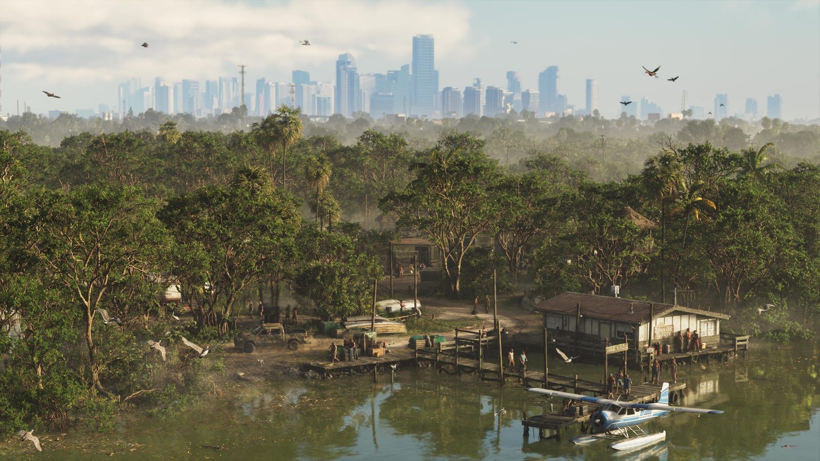 A blue and white seaplane moored at a wooden jetty beside a waterside shack in Grassrivers, with the Vice City skyline beyond the trees.