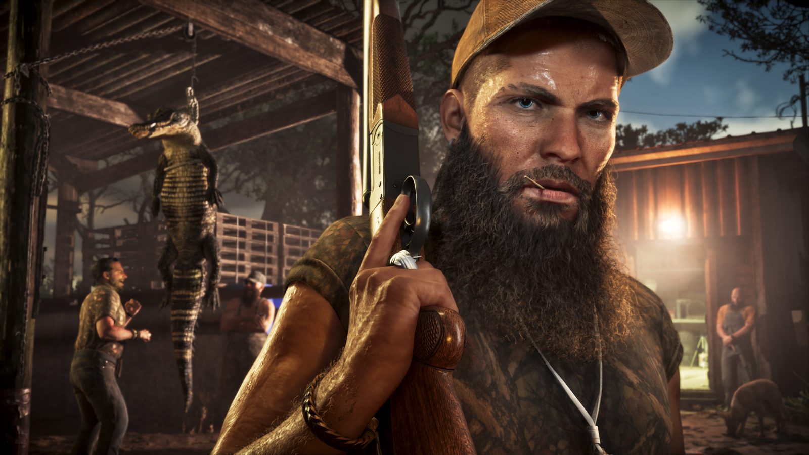 A bearded man in a cap holds a shotgun on his shoulder beside a hanging alligator at a wooden shed in Grassrivers at dusk.