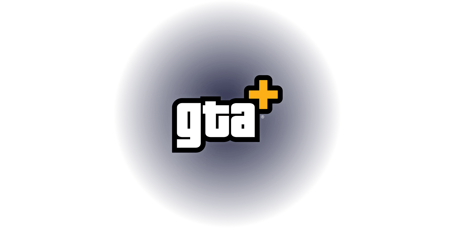 The GTA+ logo, with white lowercase "gta" letters and a yellow-orange plus sign, in the centre of a soft dark blue-grey glow on white.