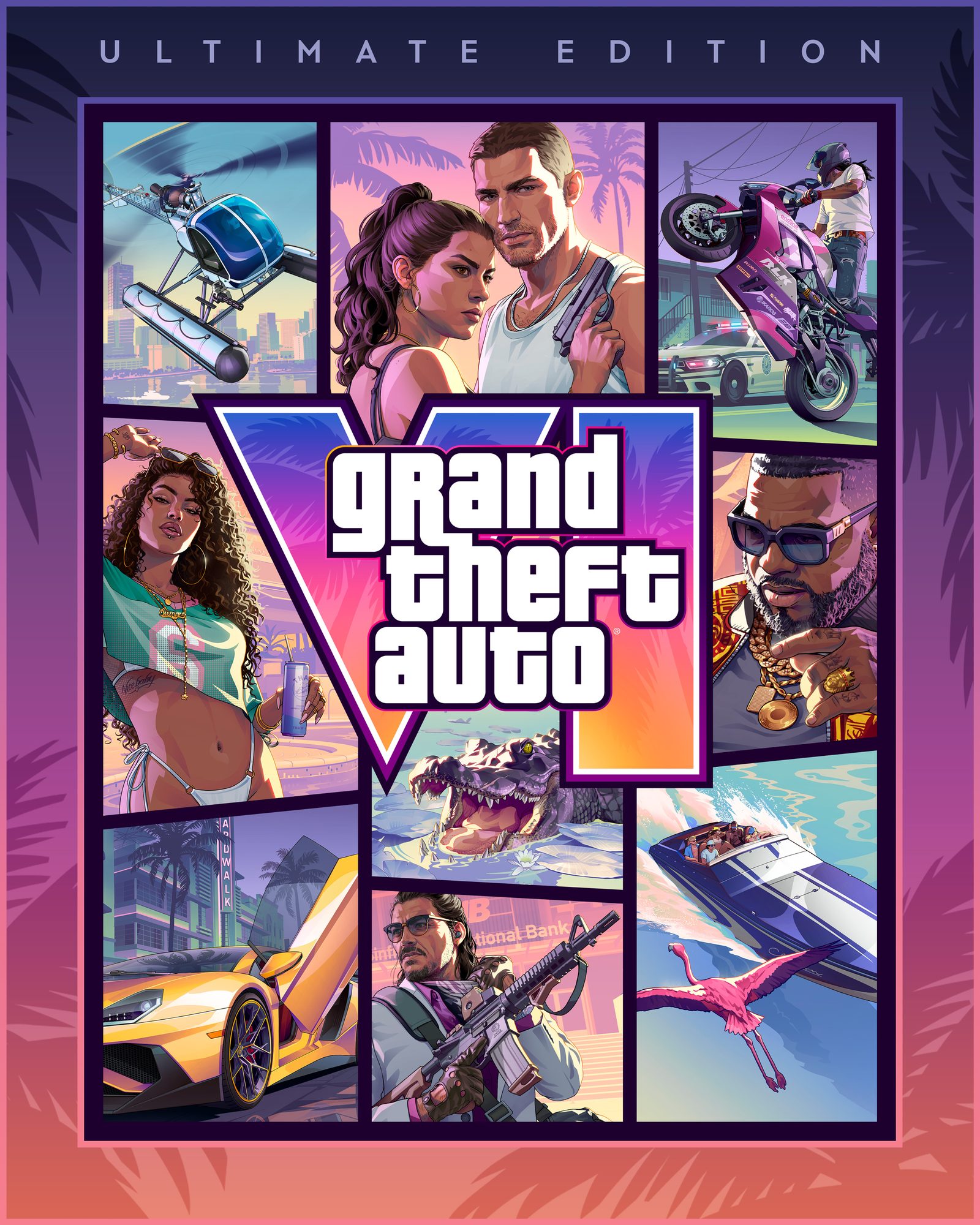 Grand Theft Auto VI Ultimate Edition cover art: a collage of illustrated panels around the logo, with Lucia Caminos and Jason Duval at the top.