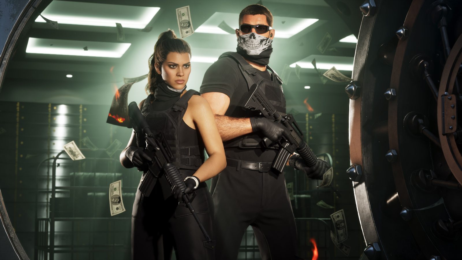 Lucia Caminos and Jason Duval stand back to back holding rifles in a bank vault, with banknotes falling around them.
