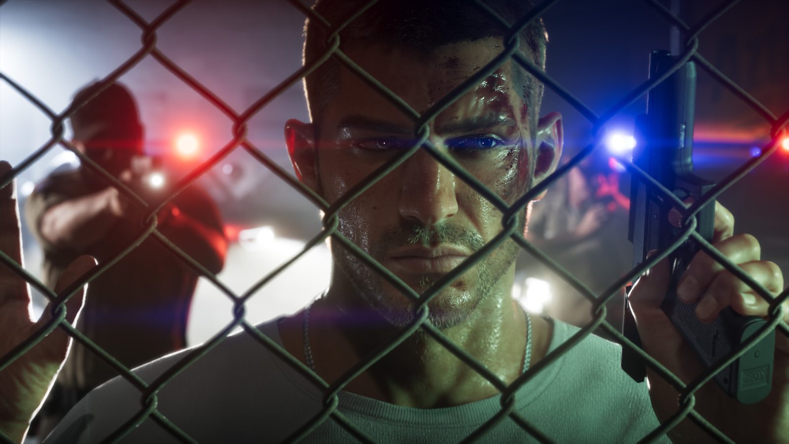 Jason Duval stares through a chain-link fence, bruised and sweaty, holding a pistol while a figure aims a torch behind him in red and blue lights.