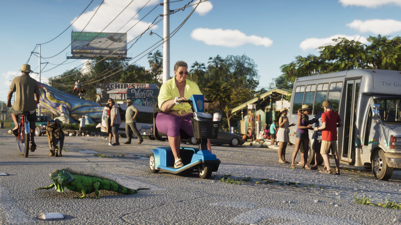 A woman in a lime shirt rides a blue mobility scooter past a green iguana on a sunny road, with a silver shuttle bus and roadside stalls behind.