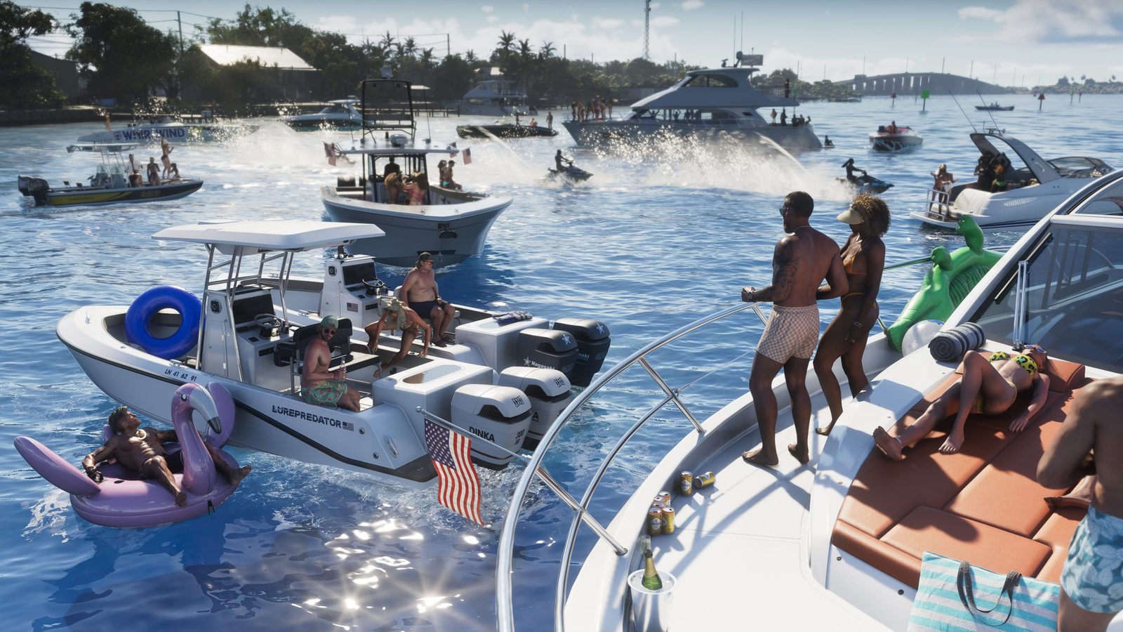 People relax on crowded boats and inflatables in a sunny bay, with a white Lurepredator boat in the middle and jet skis behind.