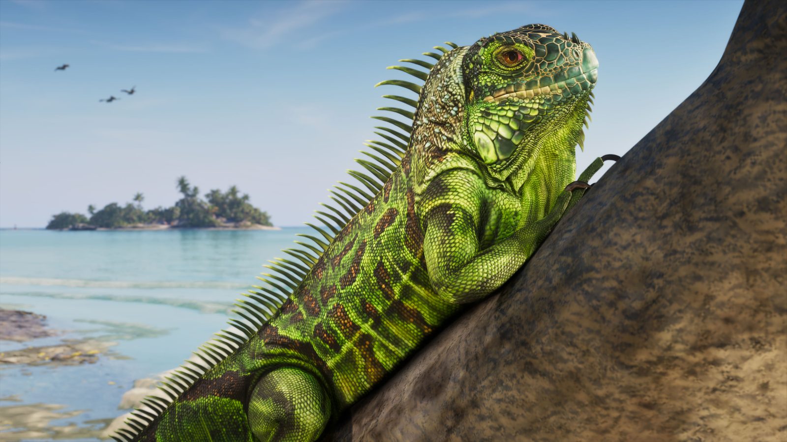 A bright green iguana with a spiny crest clings to a tree trunk, with a small palm-covered island and turquoise sea behind it.