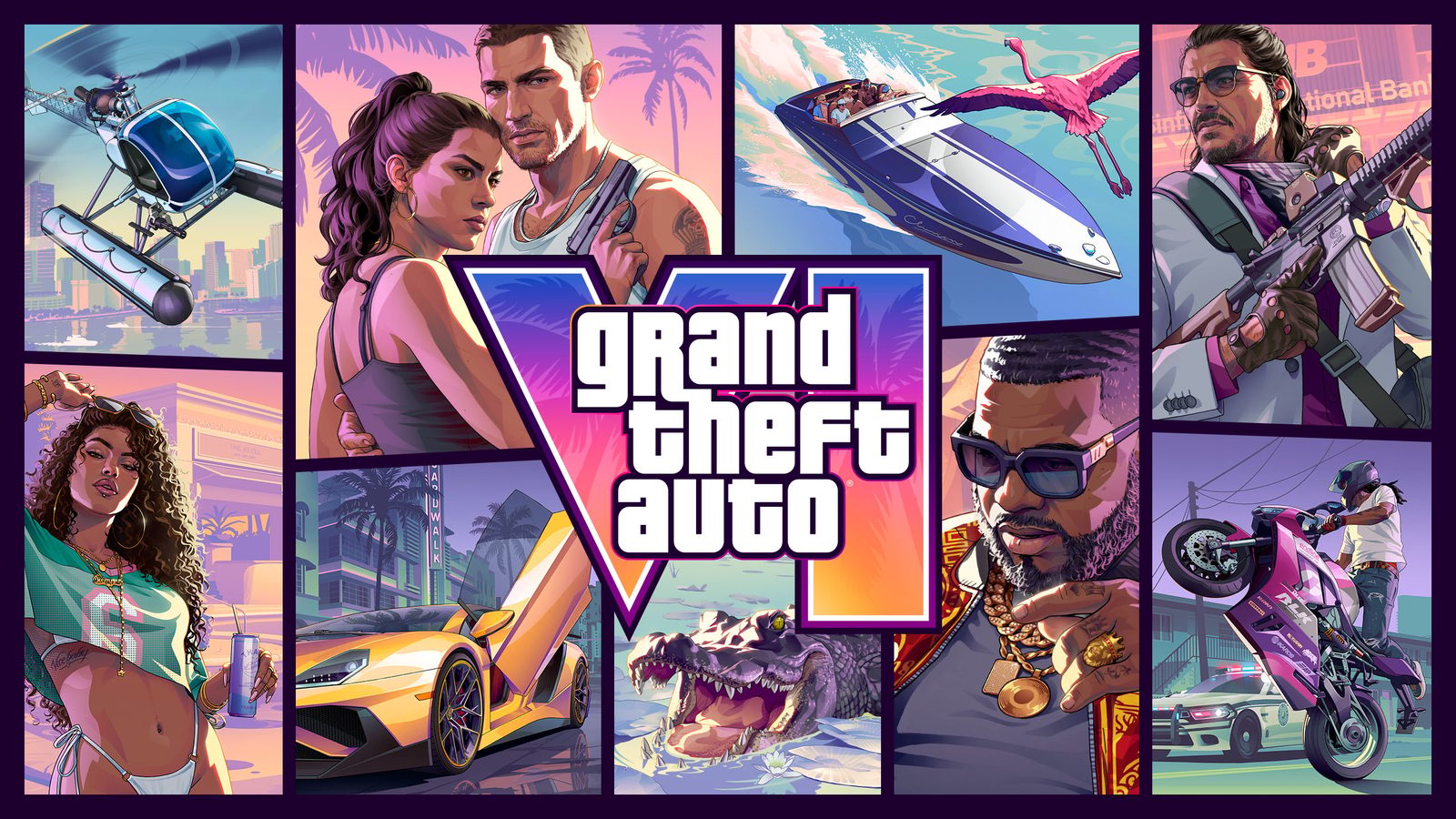 Collage artwork of nine illustrated panels around the Grand Theft Auto VI logo, showing people, a helicopter, a speedboat, a yellow sports car and an alligator.