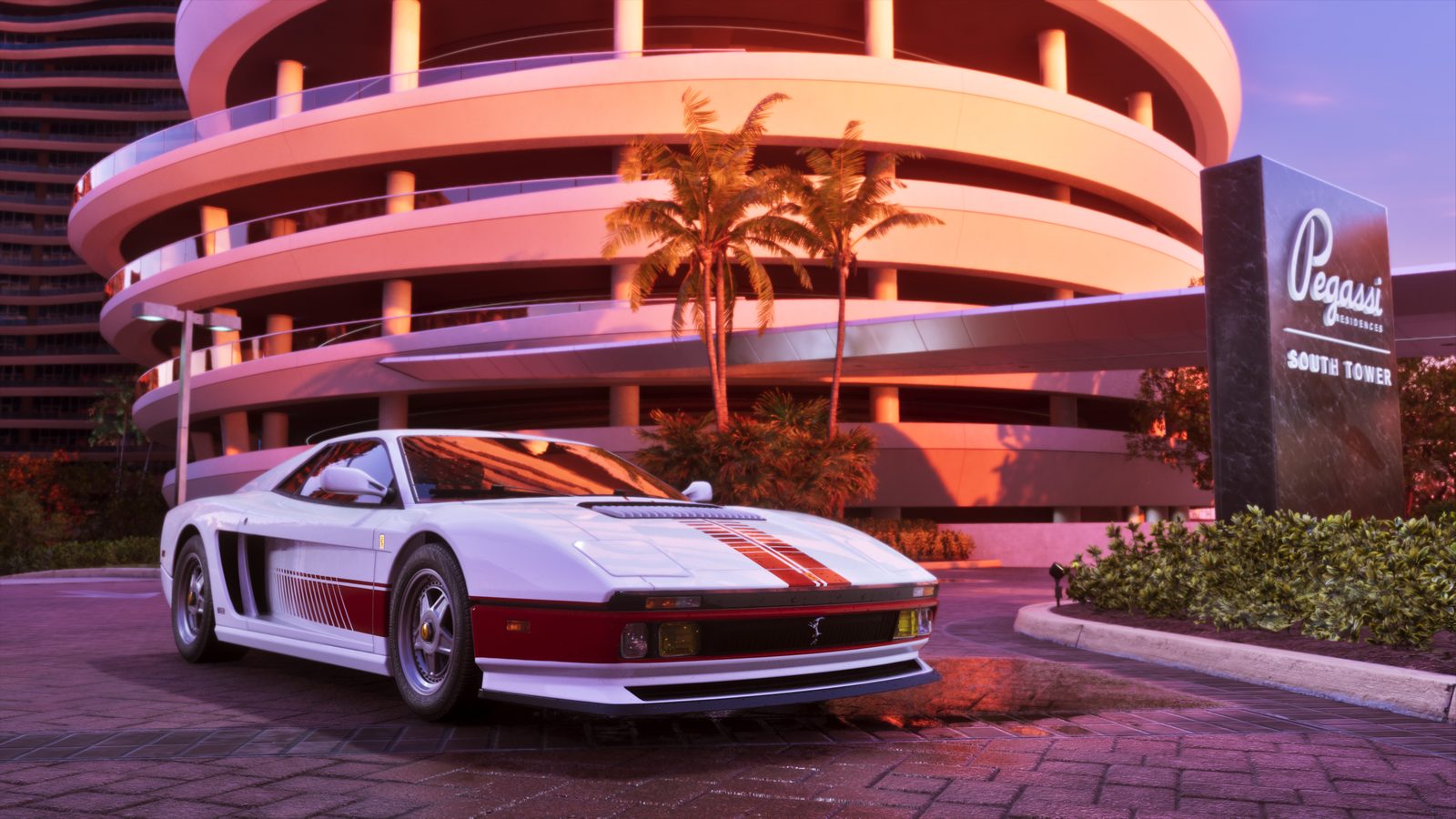 A white and red '95 Grotti Cheetah sports car parked outside Pegassi Residences South Tower, a curved building, at sunset.
