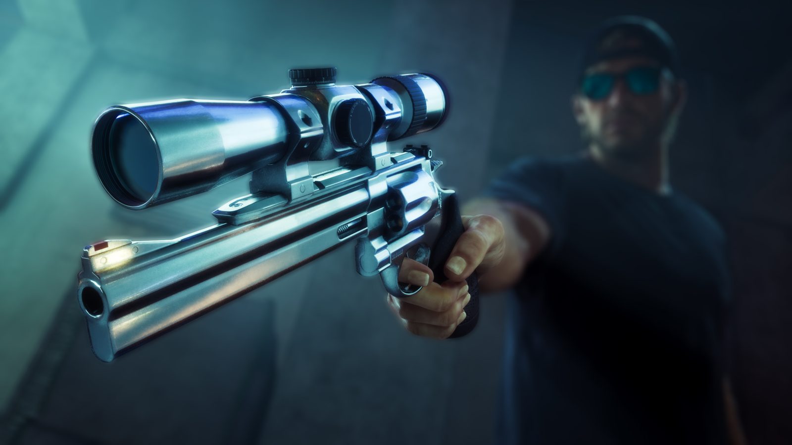 A man in a cap and sunglasses points a chrome Hawk & Little Morgan Revolver with a scope straight at the viewer in a dim, blue-green space.