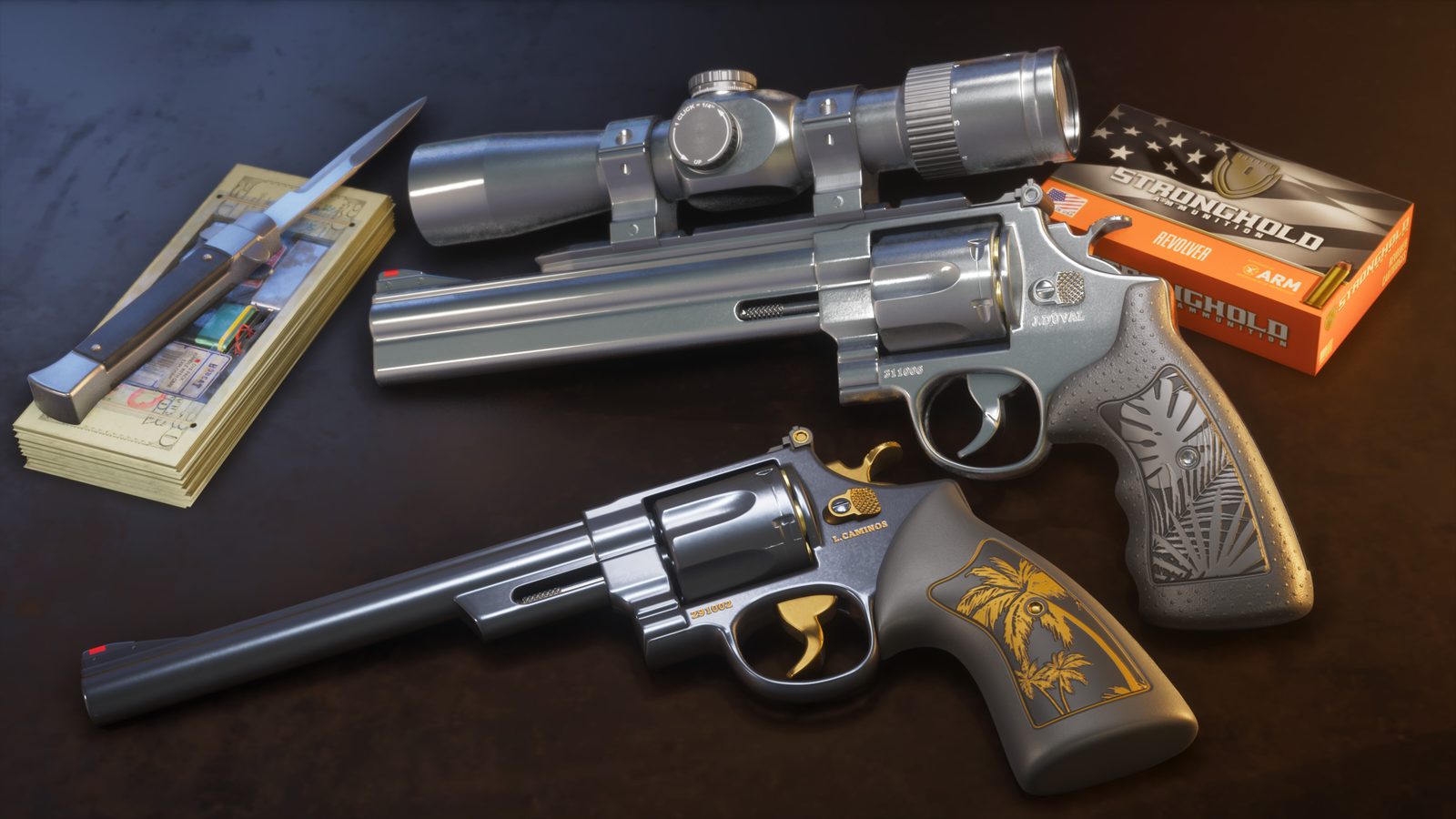 Two revolvers, one with a scope and one with gold palm tree grips, lie beside a switchblade on a stack of cash and a box of ammunition on a dark surface.