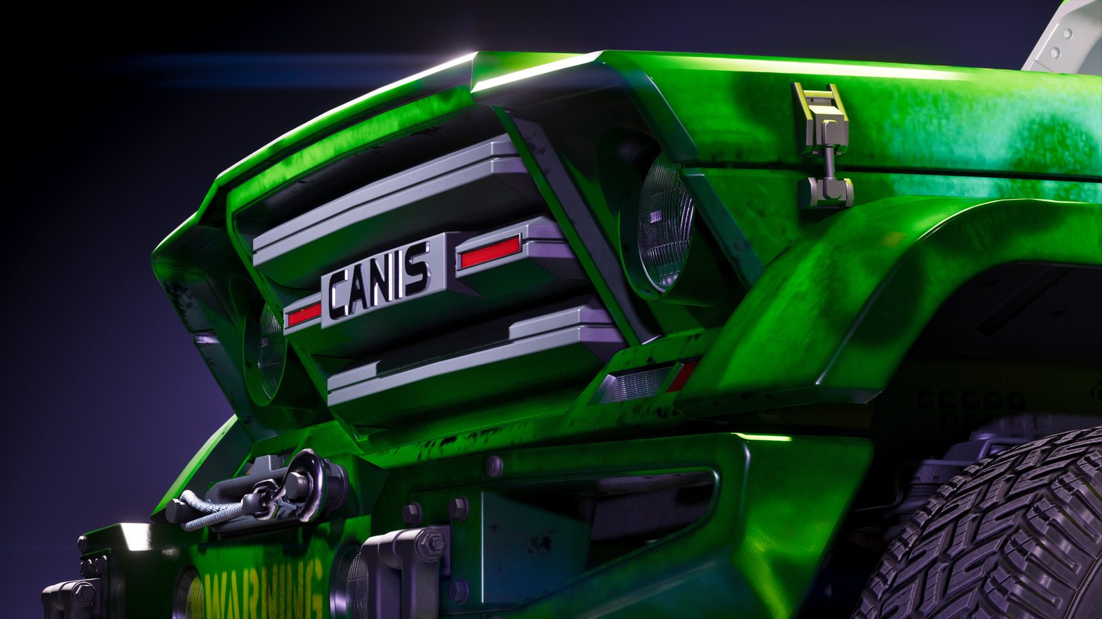 Close-up of the front of a bright green Canis off-road truck with a chrome grille, round headlights, a winch and a large chunky tyre, against a dark purple background.