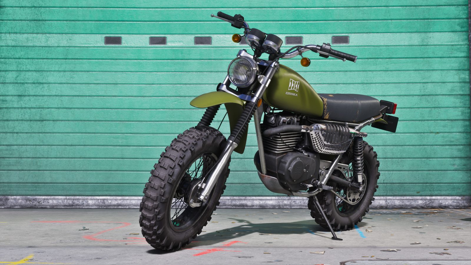 A olive green Dinka Enduro motorcycle with chunky off-road tyres stands on its kickstand in front of a teal roller shutter door.