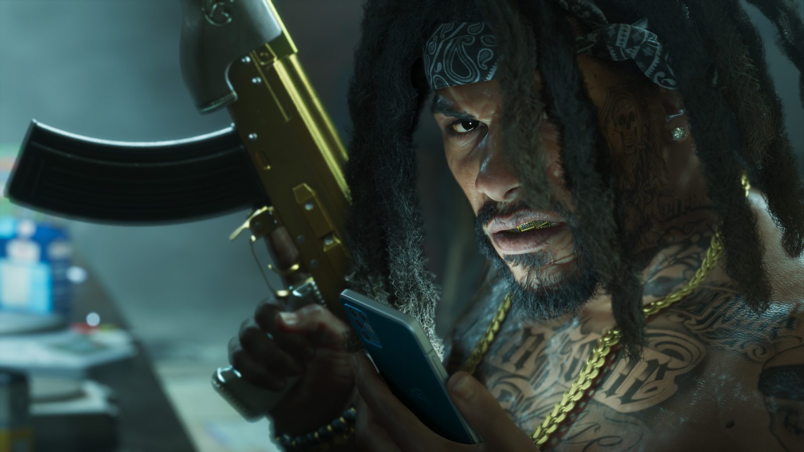 Raymond, a tattooed man with dreadlocks and a bandana, holds a gold assault rifle and a blue phone in a dim room.
