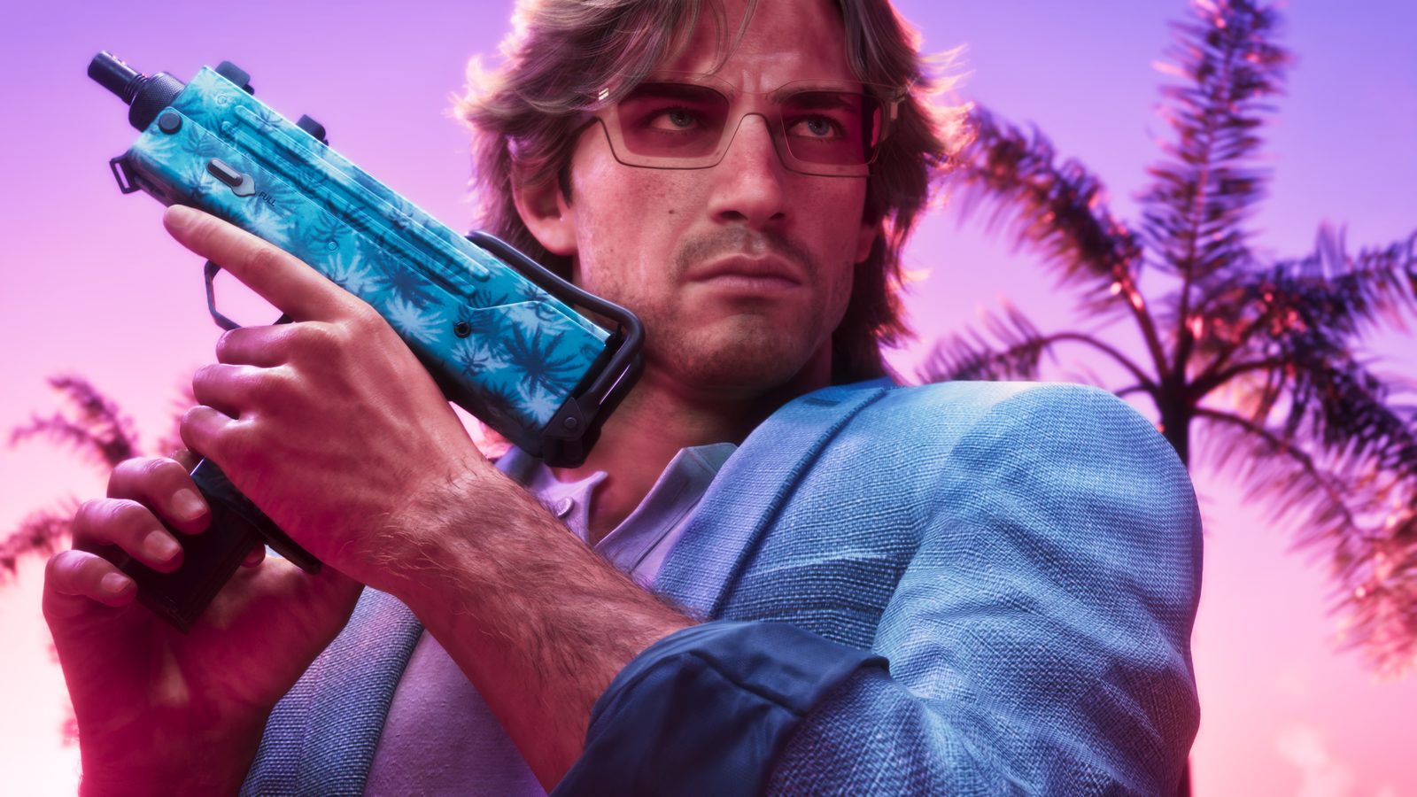 Jason Duval, in tinted glasses and a blue jacket, holds a teal palm-print submachine gun beside his shoulder against a pink and purple sky with palm trees.