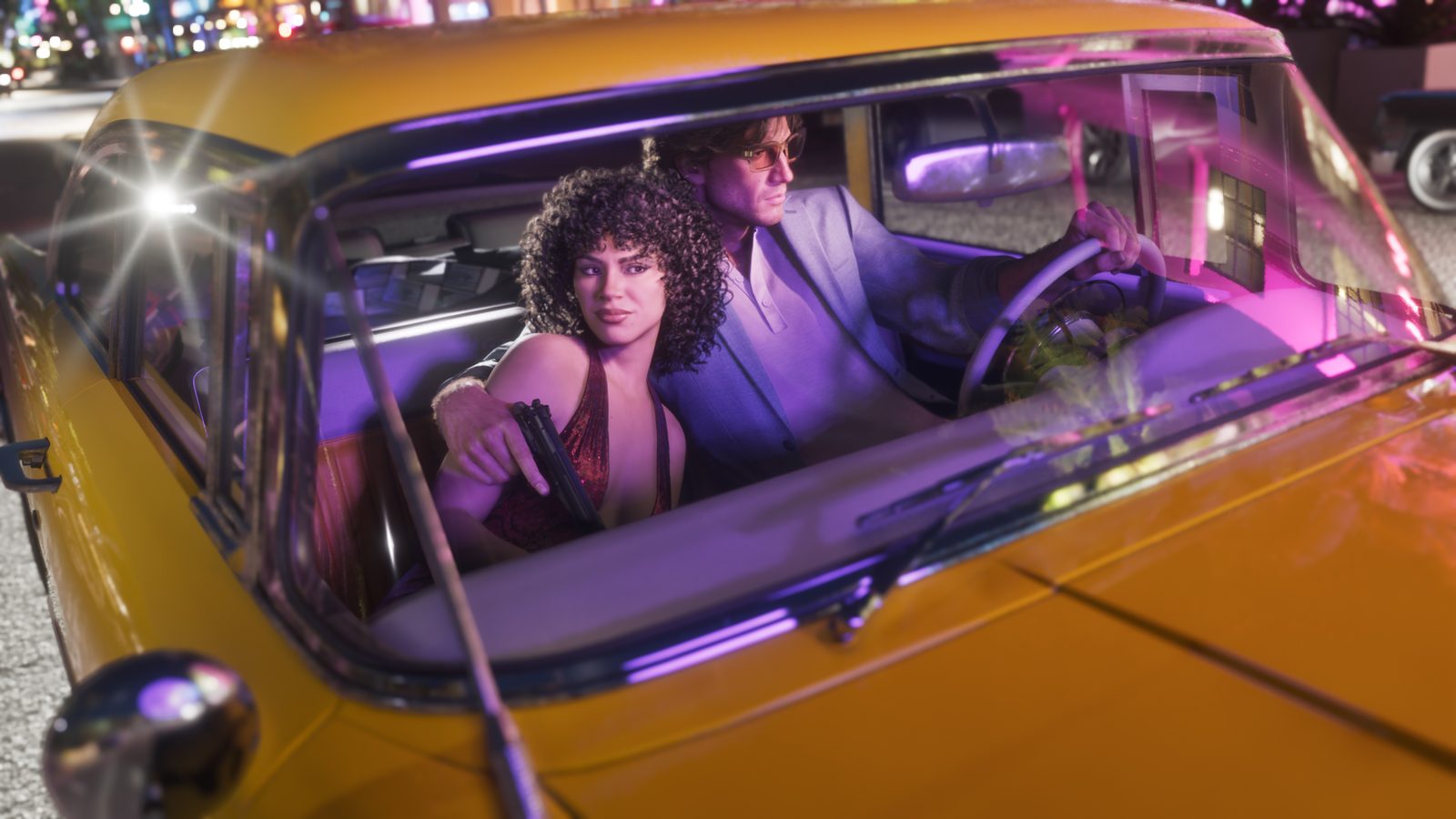 A curly-haired woman holding a handgun sits close to a man in sunglasses driving a yellow car on a neon-lit city street at night.