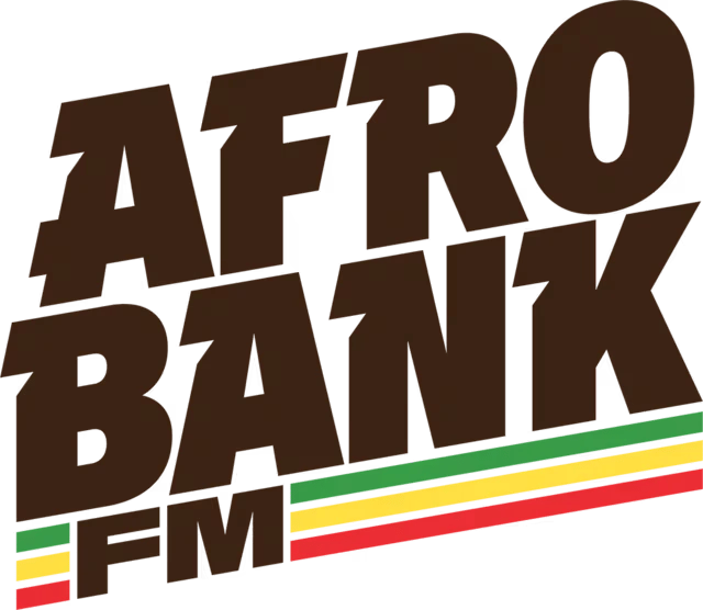 AfroBank FM logo in bold, slanted dark brown capitals above green, yellow and red stripes, on a plain white background.
