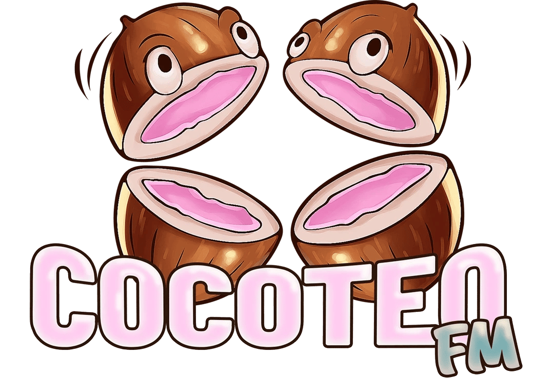 Cocoteo FM logo: four cartoon coconut halves with wide pink mouths and startled eyes above pink bubble lettering reading COCOTEO, with FM in teal.