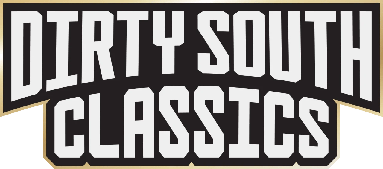 Logo reading "Dirty South Classics" in bold white capital letters on a black banner with a thin gold border, set against a white background.