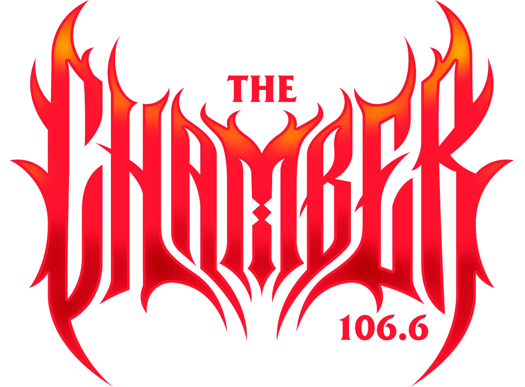 The Chamber 106.6 logo in red, flame-like metal lettering with pointed, horn-like flourishes, on a white background.
