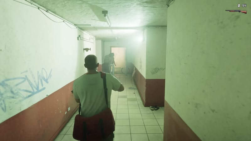 A man with a red messenger bag walks down a narrow, grimy tiled corridor towards a figure in a hazy, bright doorway.