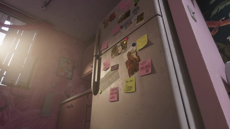 A worn cream fridge covered in sticky notes, photos and magnets, in a pink kitchen lit by sunlight through a window blind.