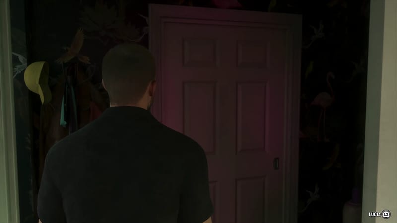 Jason Duval, seen from behind in a black polo shirt, stands facing a closed pink-lit door in a dim hallway with dark bird-print wallpaper.