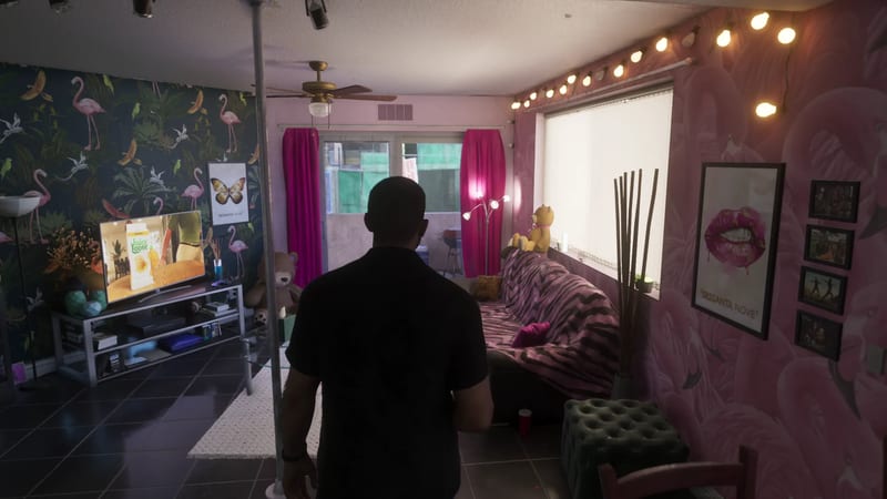 Jason Duval stands with his back to us in a bright pink, flamingo-themed apartment living room with a pole, a TV and a zebra-print sofa.
