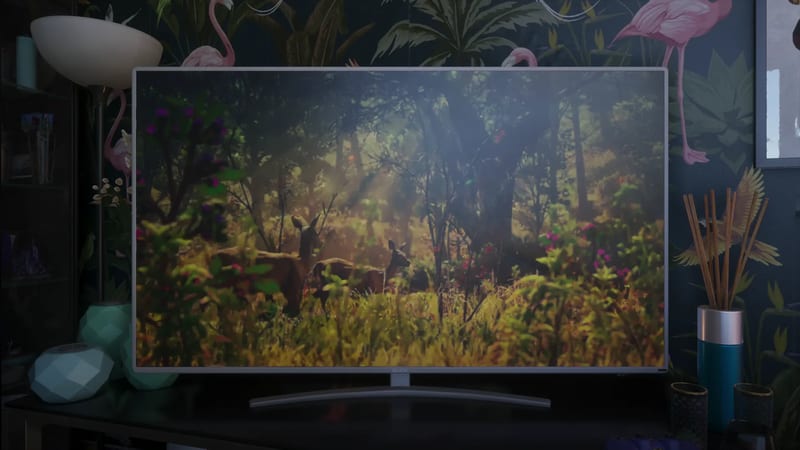 A large flat-screen television in a dark room shows deer in a sunlit forest clearing, against wallpaper of pink flamingos and tropical leaves.