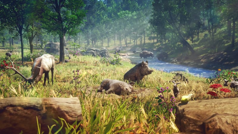 A stag grazes in a sunlit woodland clearing beside a stream, with wild boar resting in the mud and small animals in the long grass.