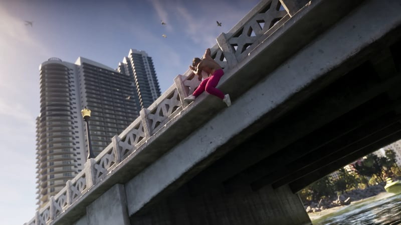 A shirtless person in pink trousers climbs over the edge of a concrete bridge, with tall apartment towers behind and a Speedophile Seashark on the water below.