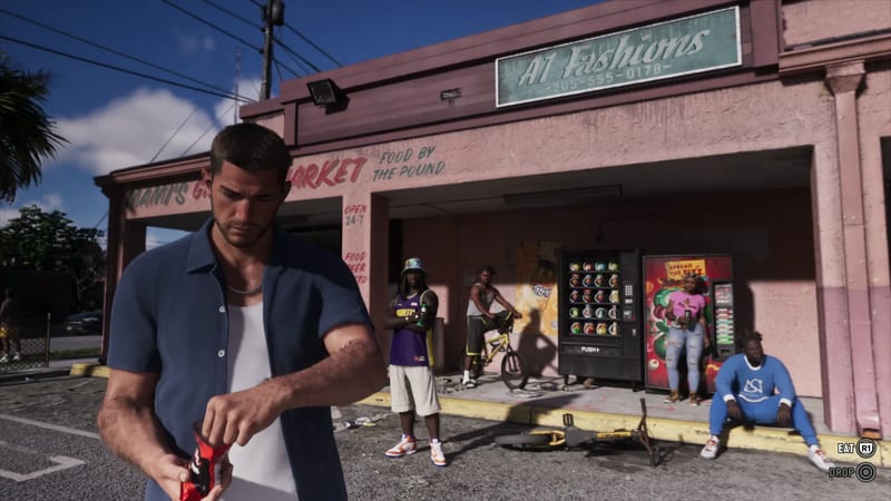 Jason Duval opens a packet of crisps outside a pink shop in bright sunshine, with four people and a yellow BMX behind him.